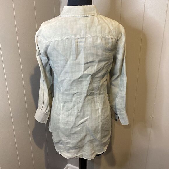 Theory Women’s Small Linen Blend Button Up Shirt Barley Roll Tab Sleeves Dervan - Picture 4 of 7